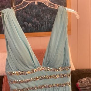 Light blue v neck prom dress